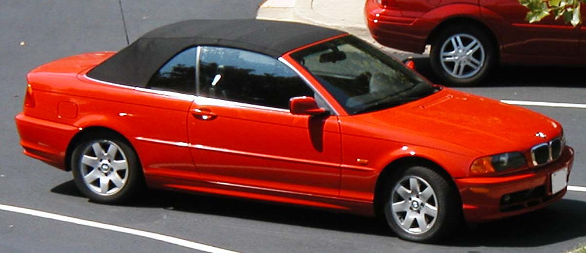 Red BMW E46 Cabriolet photographed from an elevated side view